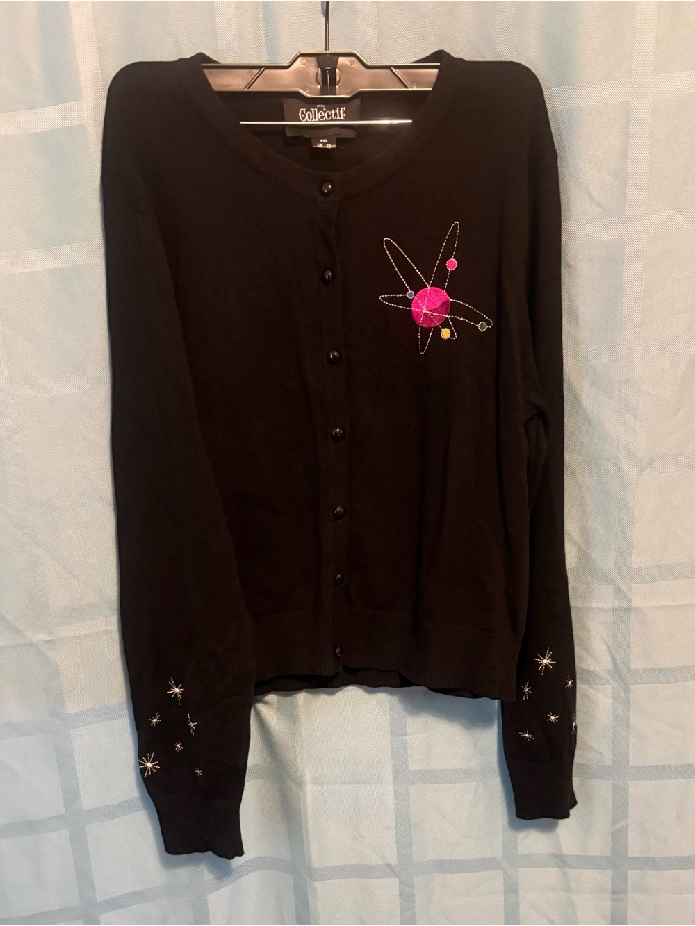 Collectif Black Button-Front Cardigan with Atomic Embroidery and Star Sleeves